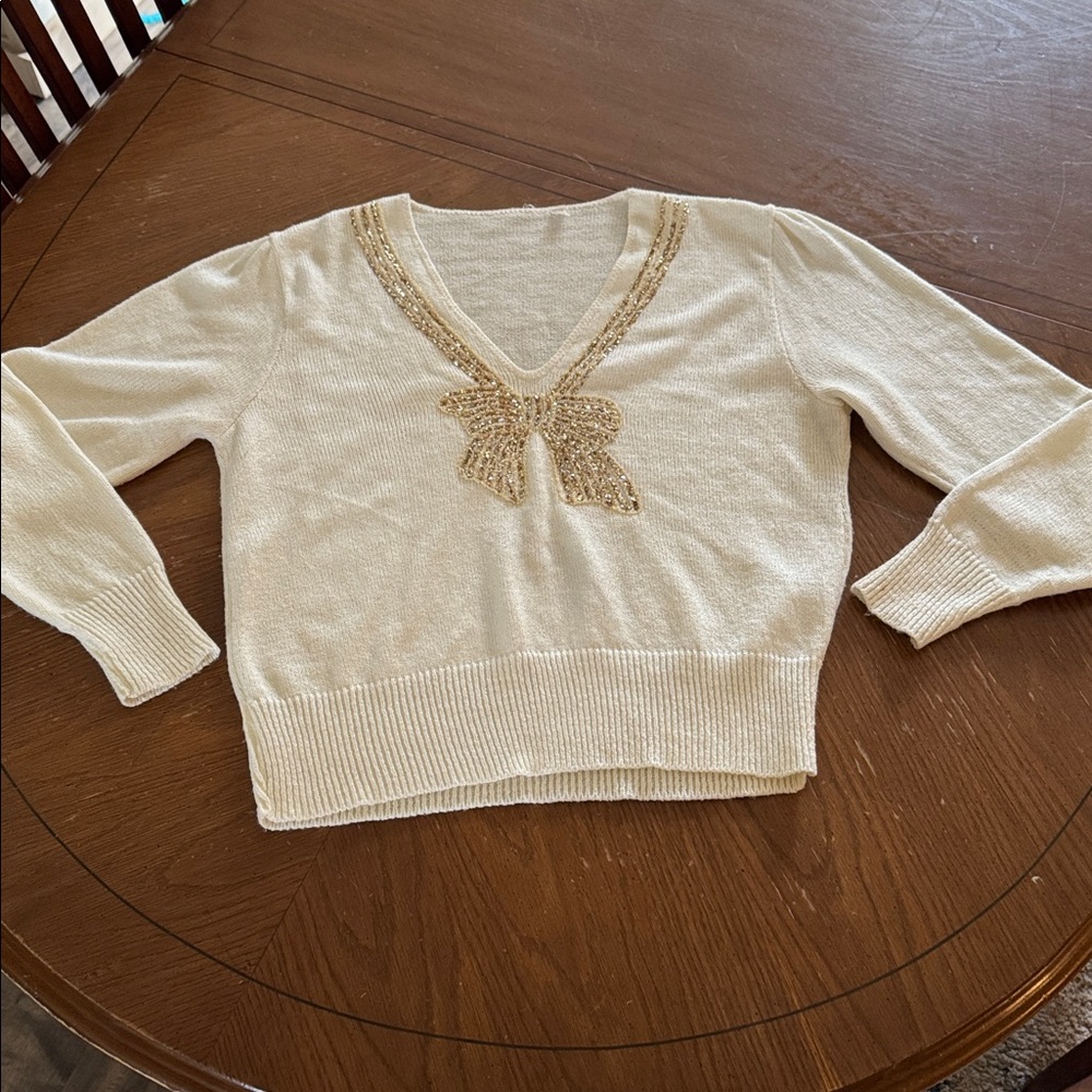Vintage Vivanti Glitter Sequined Gold Bow V-Neck Ivory Knit Sweater Sz 10 EUC